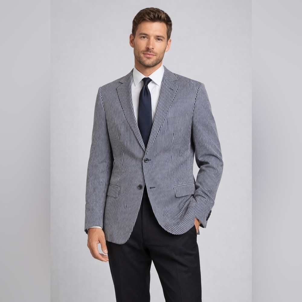 Ermenegildo Zegna Navy and White Pinstripe Blazer 100% SILK